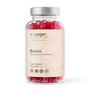 VoyagerLife Biotin Jar with Natural Red Strawberry Flavored Gummies and light label on white background
