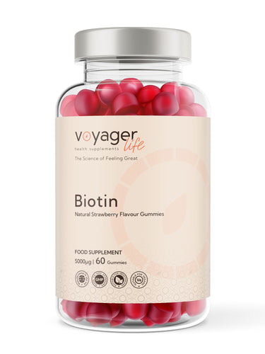 VoyagerLife Biotin Jar with Natural Red Strawberry Flavored Gummies and light label on white background