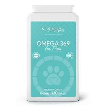 VoyagerPets Omega 369 For Pets white jar with a green label on a white background 