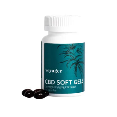 Voyager CBD soft gels closed jar in green color on a white background with dark gels