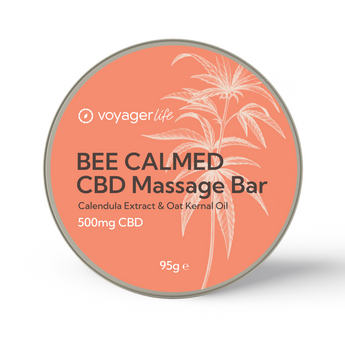 Voyager Life Bee Calmed CBD Massage Bar packaging on a white background