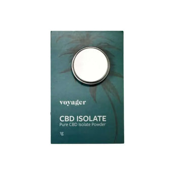 Premium CBD isolate powder in a circular brushed aluminum tin, sitting on a green card, against a white background