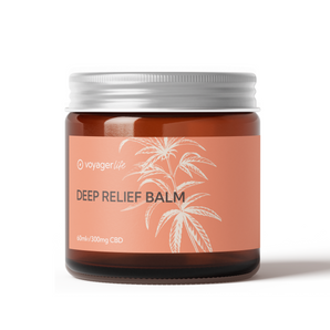 Jar of Voyager Life Deep Relief Balm with a white lid on a light background