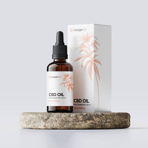 Voyager 3000mg CBD Natural 30ml Oil with a light label and box on a white background