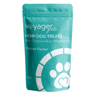 Voyager Pets Hemp Dog Treats pouch, chicken flavour with chamomile and wheatgrass on white background